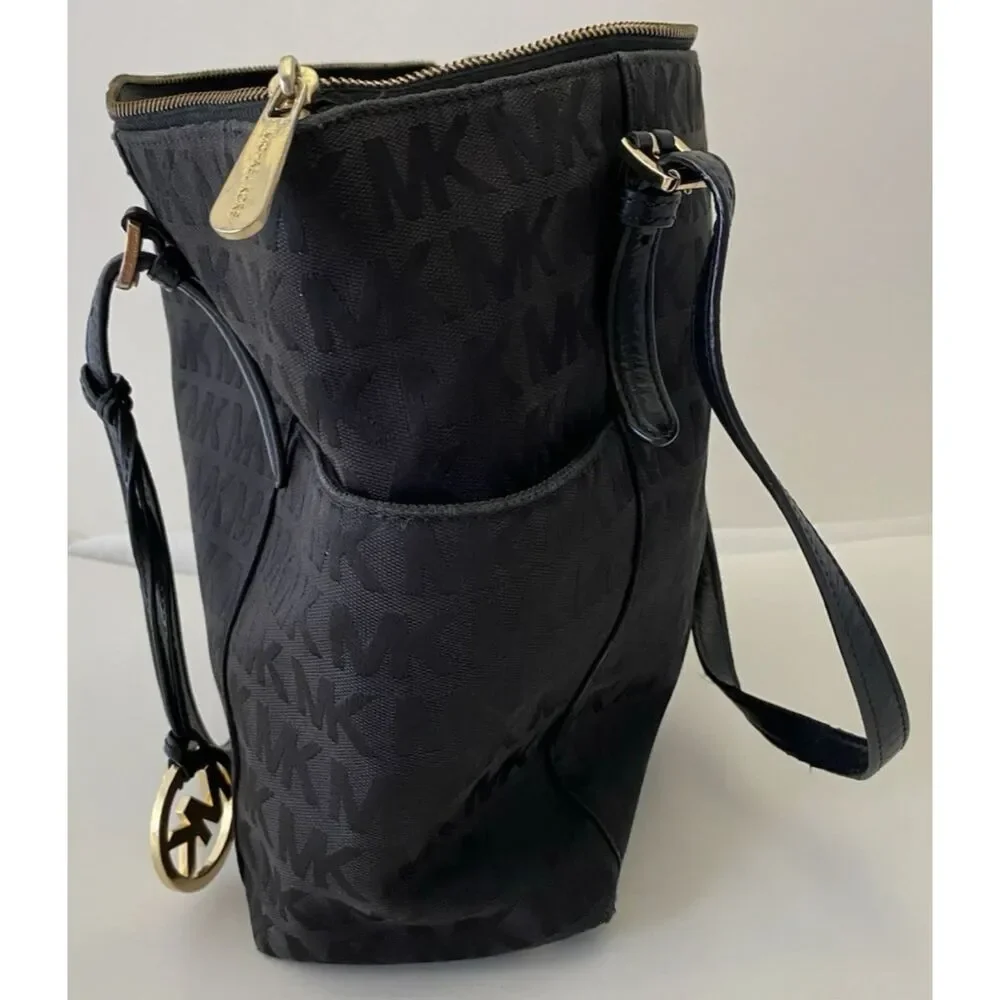 Michael Kors Jet Set Black Signature MK Tote Handbag Shoulder Purse Bag